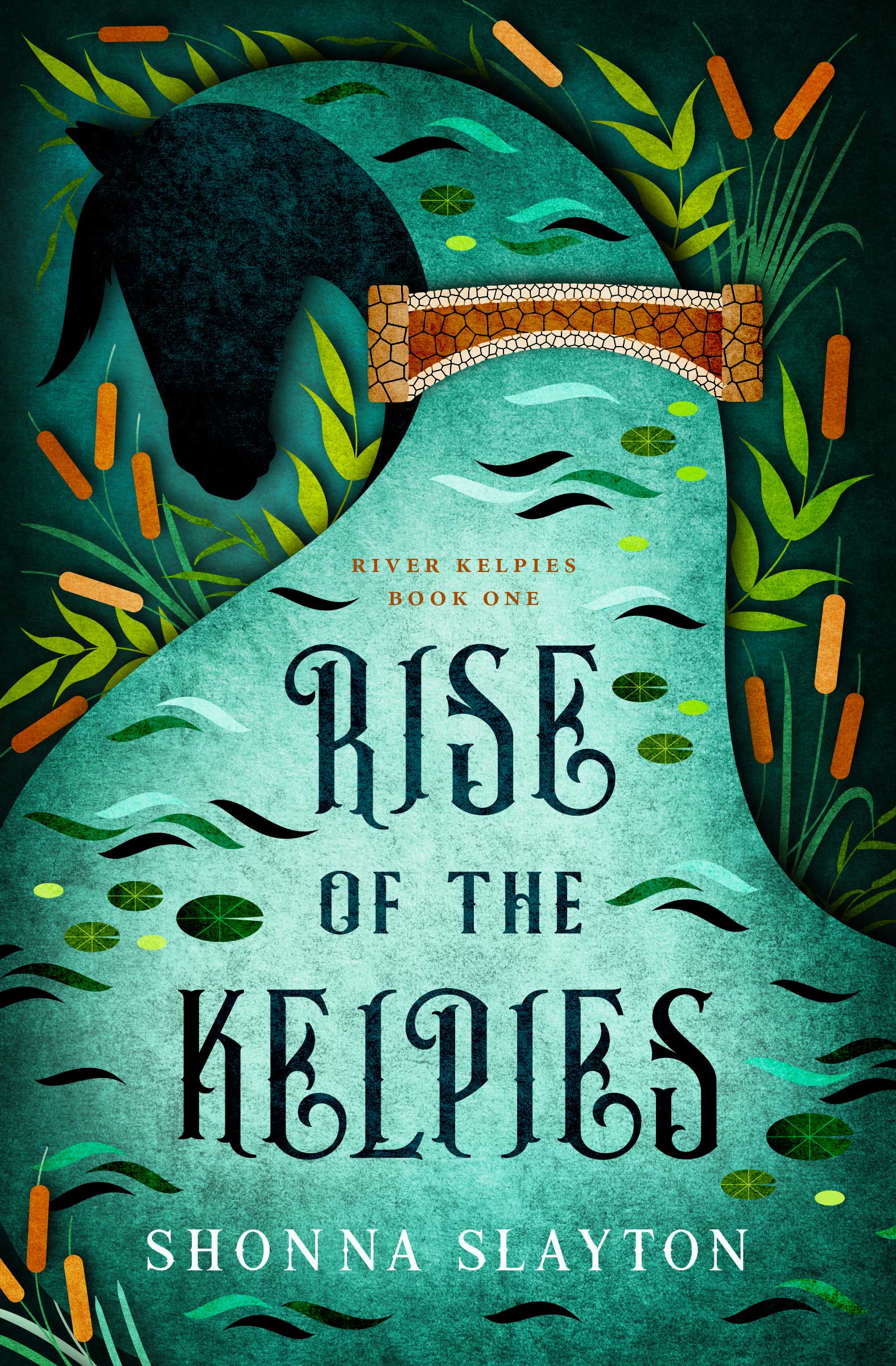 Book cover of The Rise of the Kelpies, showing a horse's head, a bridge and a river. 
